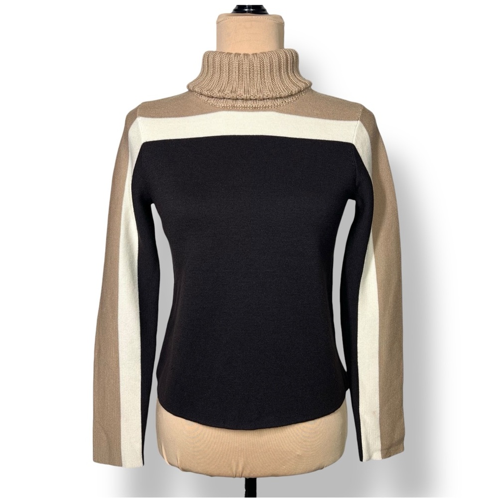 Vintage 90s Michael Kors Brown Tan Cream Wool Turtle Neck Sweater Made in Italy